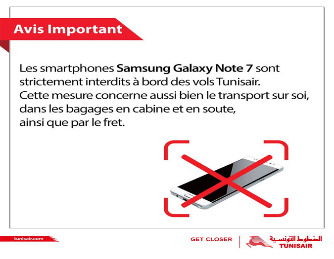 Tunisair interdit le Samsung Galaxy Note 7 à bord de ses vols