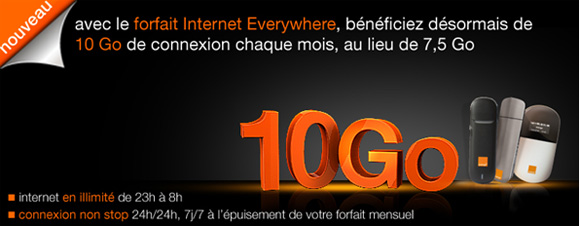 Nouveau Clé 3G forfait Internet Everywhere : 10 Go de connexion chaque mois en plus de l'illimité de 23h à 8h
