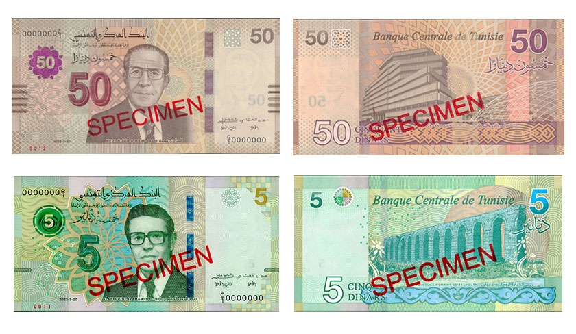 Mise en circulation de nouveaux billets de banque de cinquante et de cinq dinars